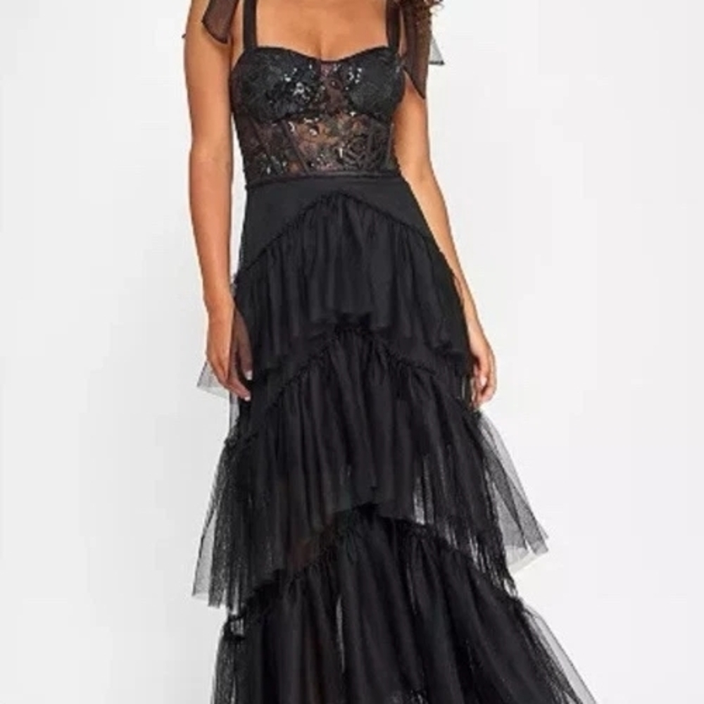 City Studio Black Tiered Lace & Tulle Evening Dress